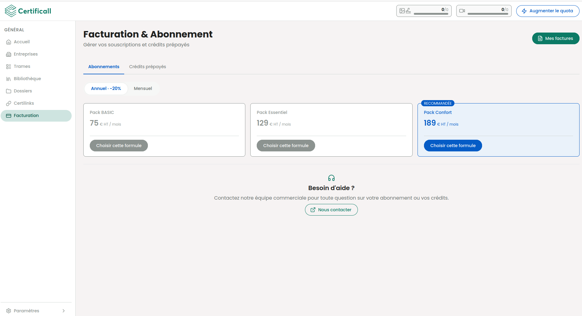 Onglet Abonnements de la page Facturation & Abonnement