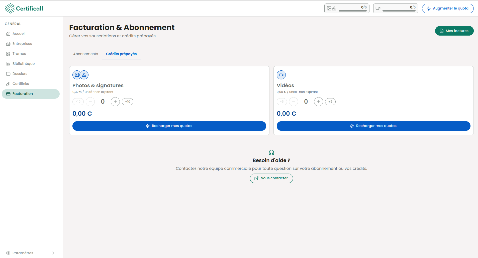Onglet Crédits prépayés de la page Facturation & Abonnement